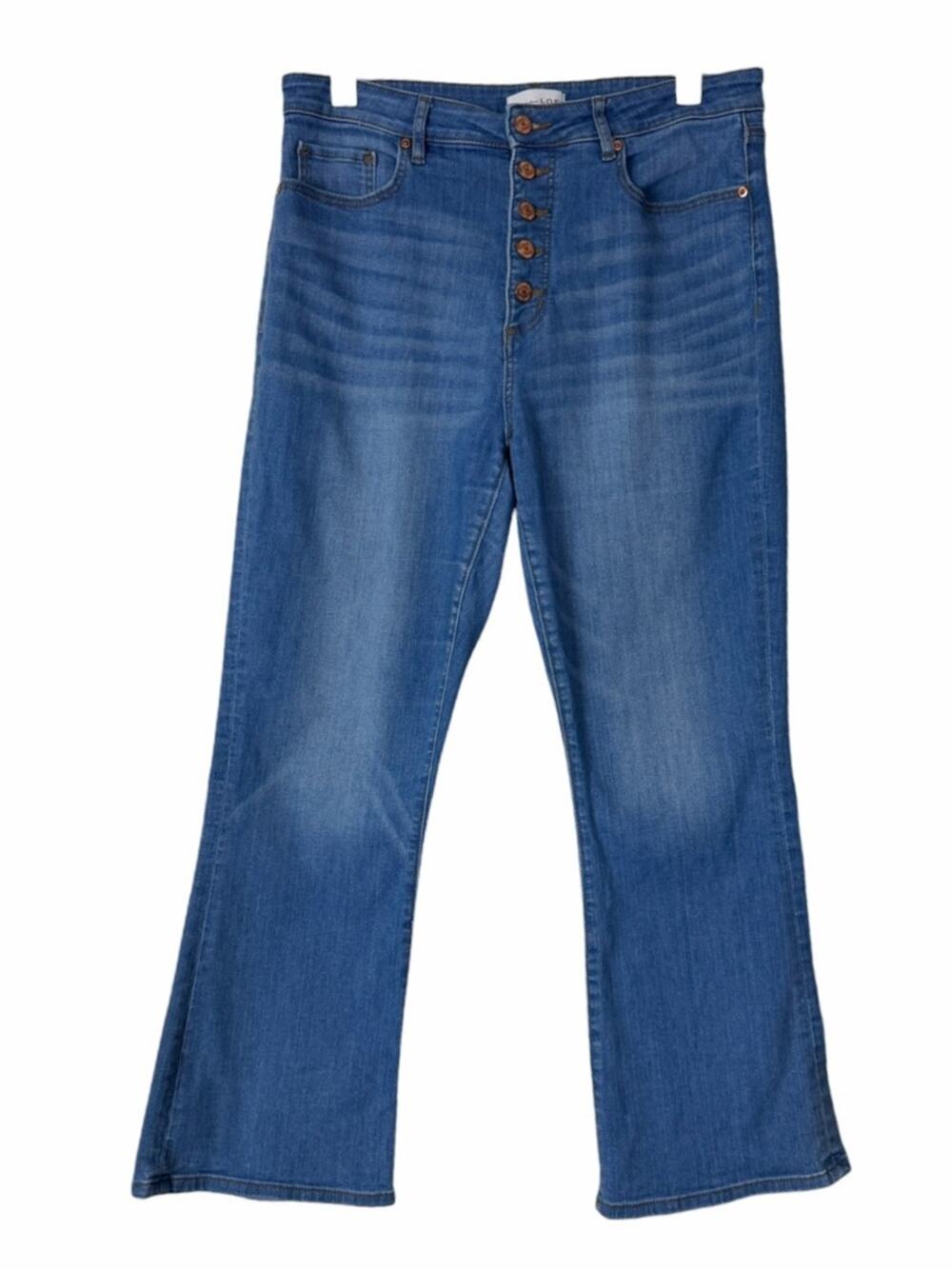 LOFT Kick Crop Button Fly Flare Jeans Size 8 29” Blue High Rise Cropped Denim